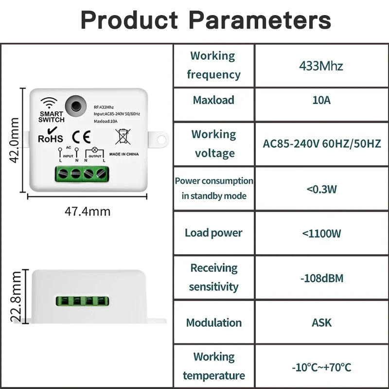 Ricevitore relè TNCE RF433, interruttore della luce wireless Mini telecomando 433 Mhz, interruttore trasmettitore da parete 1/2/3Gang, ventilatore lampada a LED intelligente