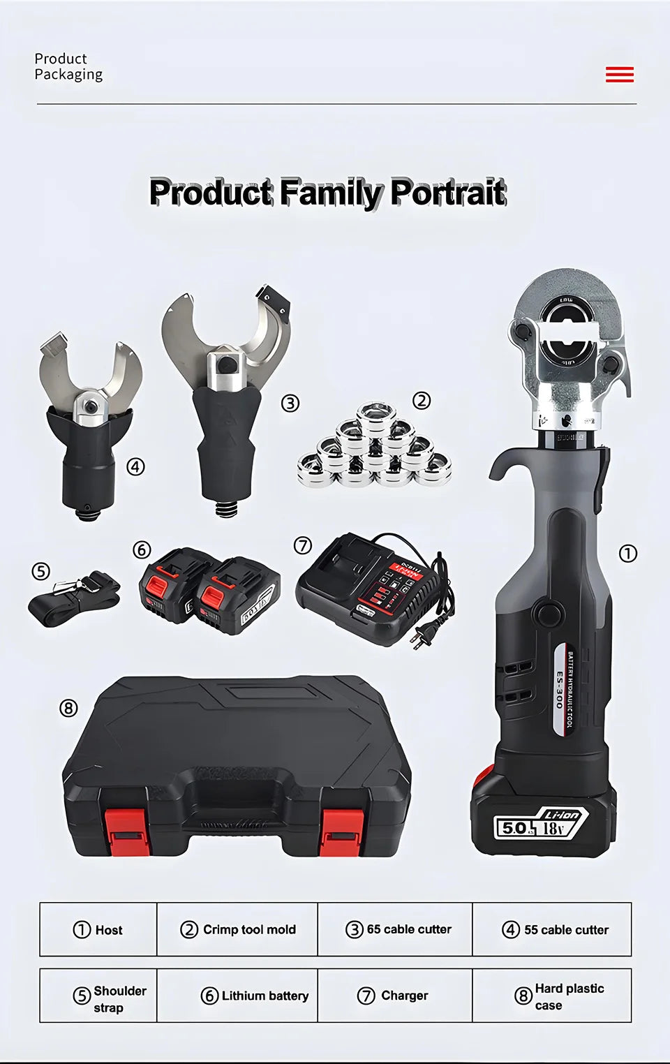 Crimpatrice idraulica elettrica ES-300 con manico dritto per terminali in rame e alluminio da 10-300 mm2 con crimpatura rapida e 360 °   Rotazione