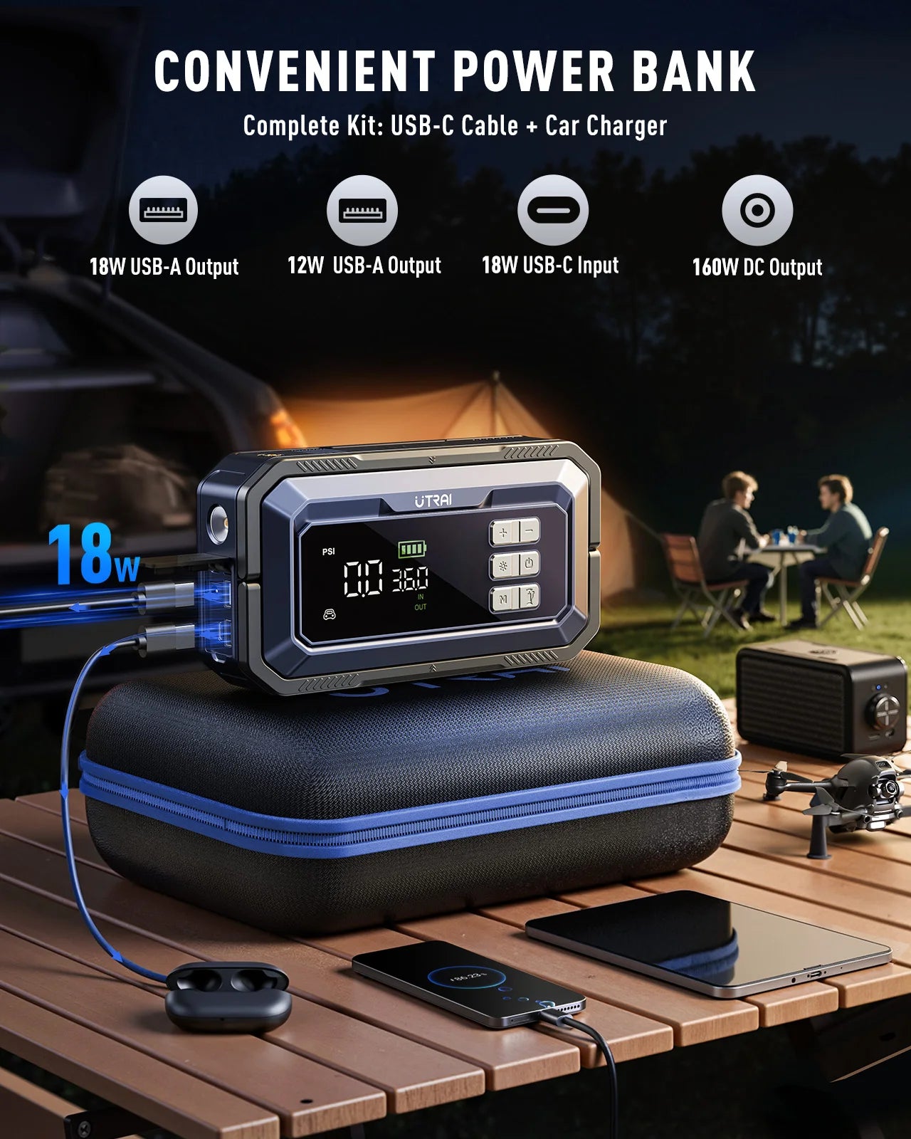 Avviatore di emergenza per auto UTRAI All-in-One 7000A con compressore d'aria, diagnosi OBD e booster di emergenza per batteria per auto Power Bank