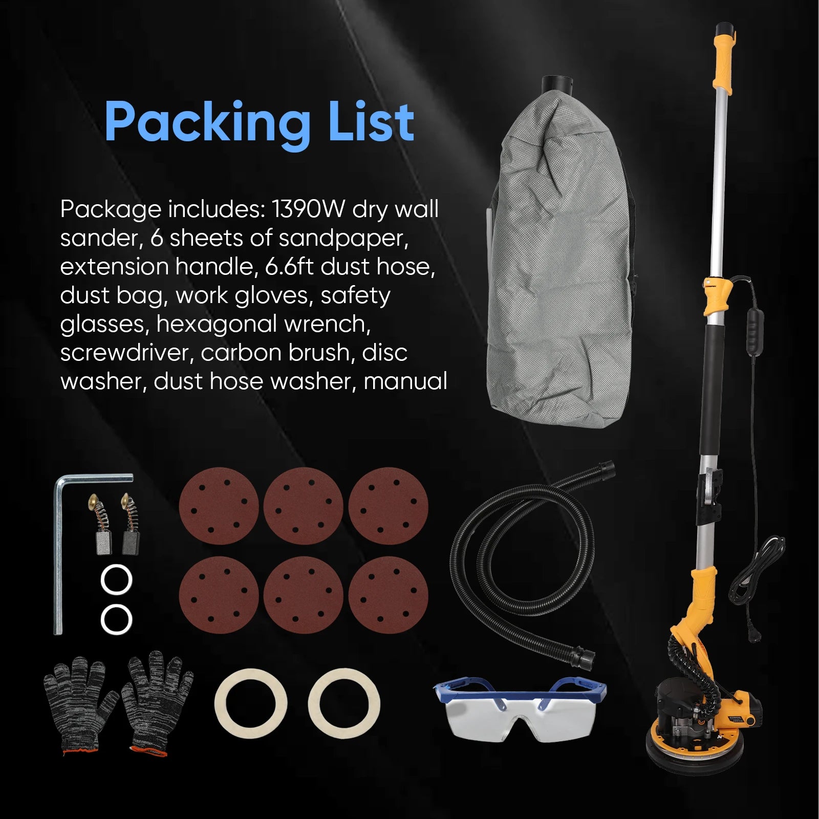 Levigatrice elettrica per cartongesso 1390W Rettificatrice per muro a 6 velocità Stucco senza polvere Auto-vuoto LED Asta lunga Lucidatrice per carta vetrata