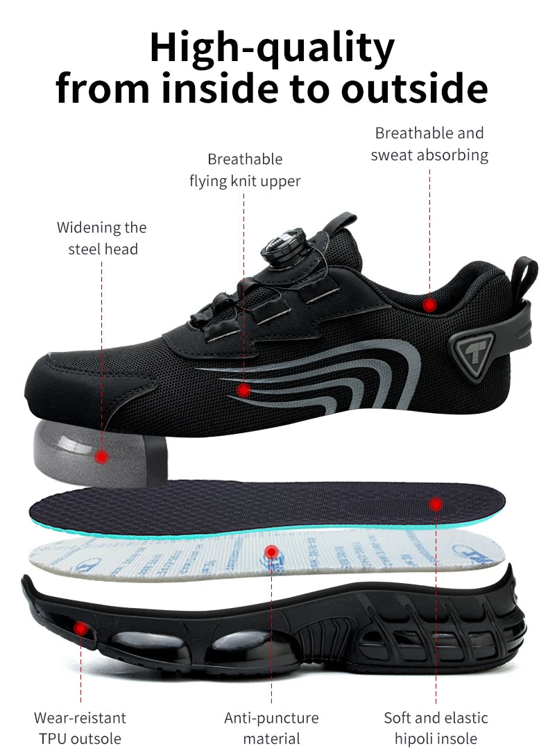 Nuove scarpe antinfortunistiche da uomo con bottone rotante, scarpe da lavoro anti-impatto e anti-perforanti, scarpe sportive da uomo alla moda e pro di sicurezza