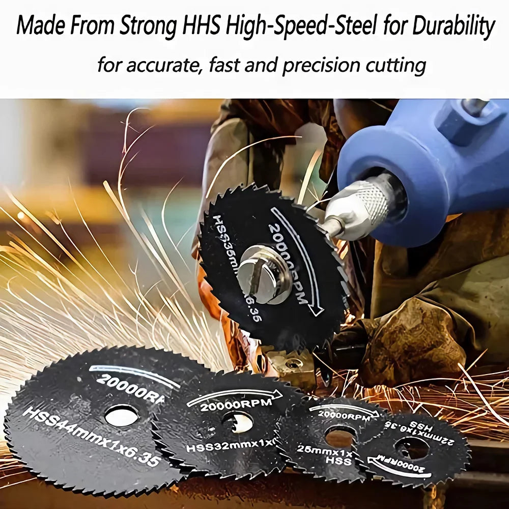 Lame per sega per trapano rotante da 6 pezzi, lame da taglio per ruota a disco per sega in acciaio con mandrino a codolo cilindrico da 1/8 "per utensile rotante per trapani Dremel