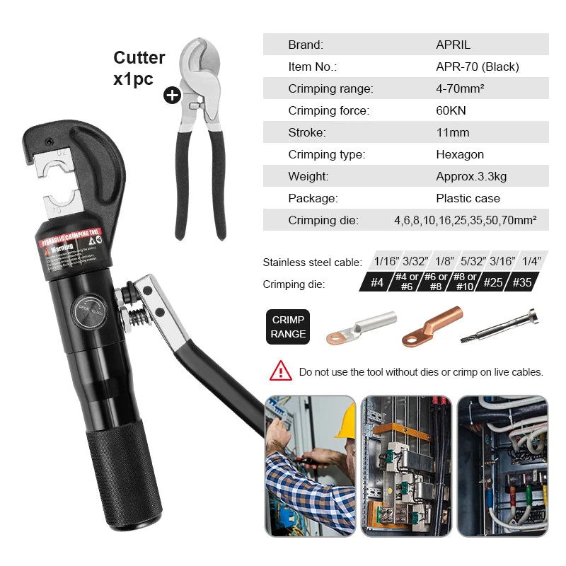 RUS Warehouse Strumento di crimpatura idraulico Pinze per crimpare terminali per cavi fai-da-te Strumenti di compressione idraulica Gamma YQK-70 4-70mm2