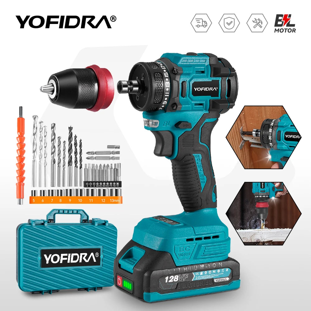 YOFIDRA 2 in1 Cacciavite elettrico senza spazzole Martello Trapano a batteria Impatto Utensile elettrico multifunzionale per Makita 18V Batteria Pin