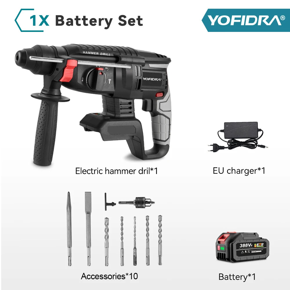 YOFIDRA 1680W Martello elettrico senza spazzole Cordless Multi-funzione Trapano a percussione Utensile rotante per batteria 21V 18V