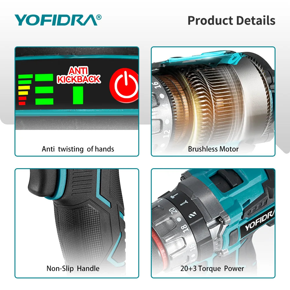 YOFIDRA 700N.M Brushless Trapano a percussione elettrico Cordless Cacciavite Piastre Terreno Lavorazione del legno Strumento elettrico per Makita Batteria Spille