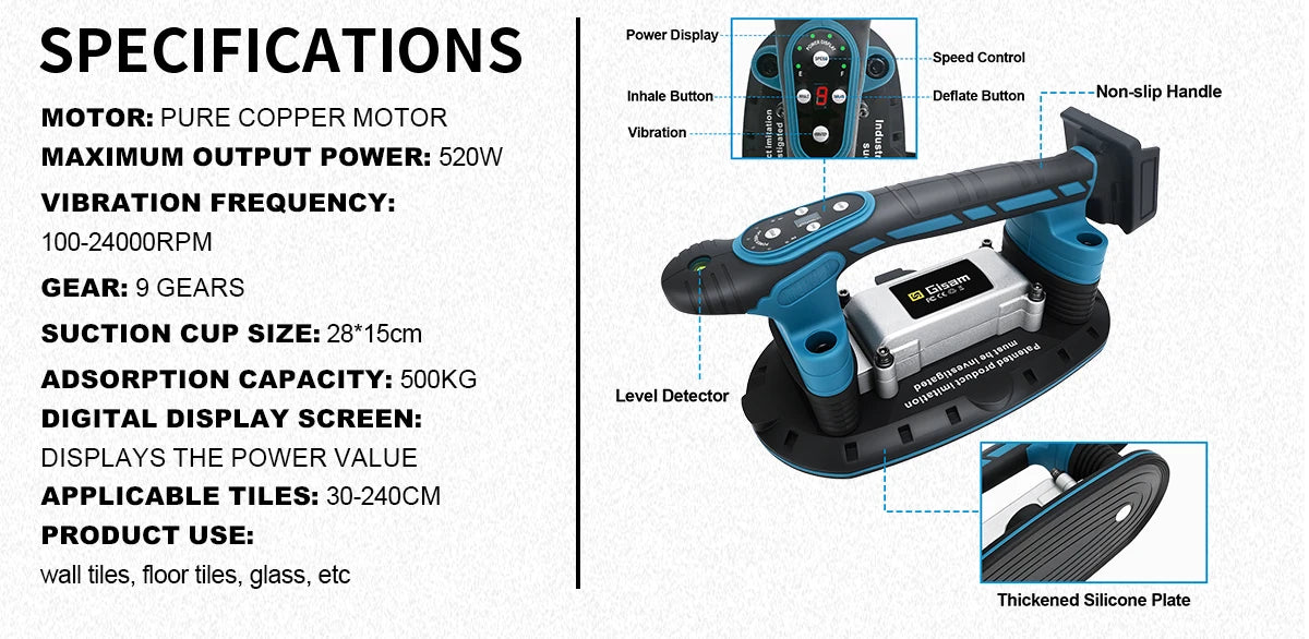Gisha 500KG Piastrelle Piastrelle Macchina Piastrelle Vibratore Ventosa 9 Gear Pavimento Vibratore Livellamento Strumento di Potere Per makita 18v batteria pin