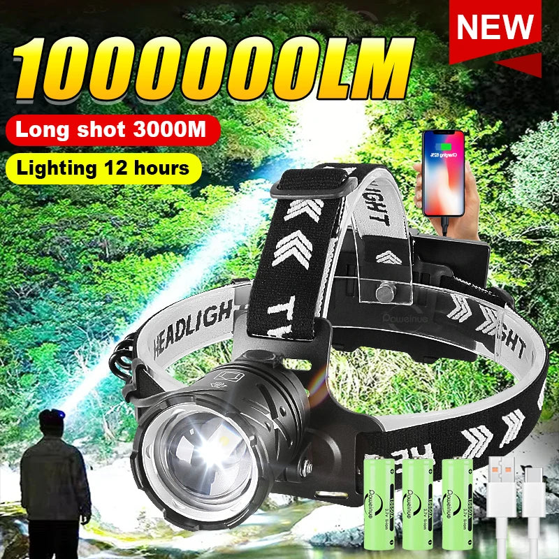 1000000 LM Lampada frontale più potente 18650 Torcia frontale ricaricabile ad alta potenza LED Torcia frontale da pesca Lanterna frontale professionale