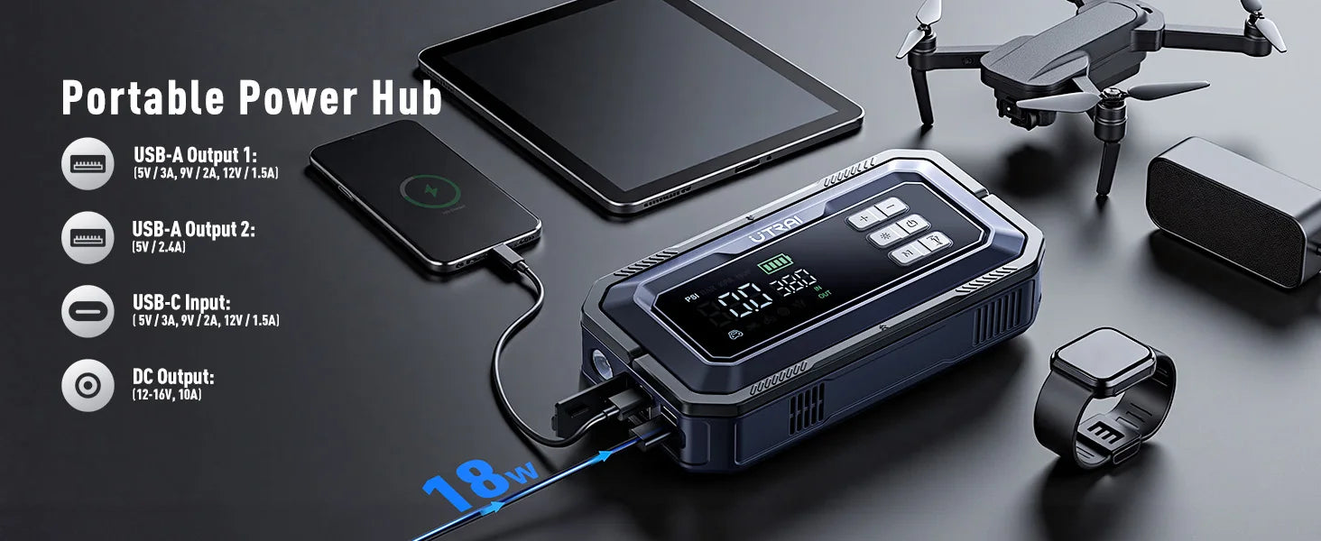 Avviatore di emergenza per auto UTRAI All-in-One 7000A con compressore d'aria, diagnosi OBD e booster di emergenza per batteria per auto Power Bank