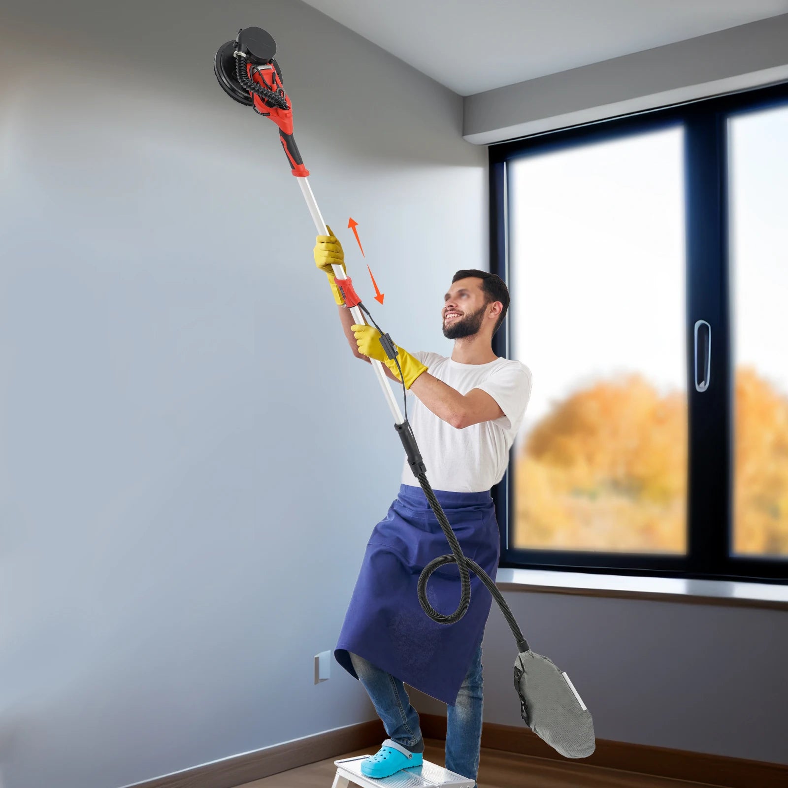 Levigatrice per cartongesso da 750 W, lucidatrice per mastice da parete a velocità regolabile, 220-240 V, con aspirazione della polvere, 6 carte vetrate