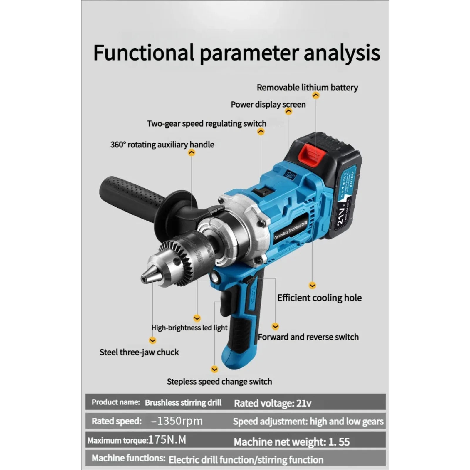 Trapano elettrico senza fili senza spazzole Trapano per legno/acciaio/cemento/ghiaccio per batteria Makita 18V