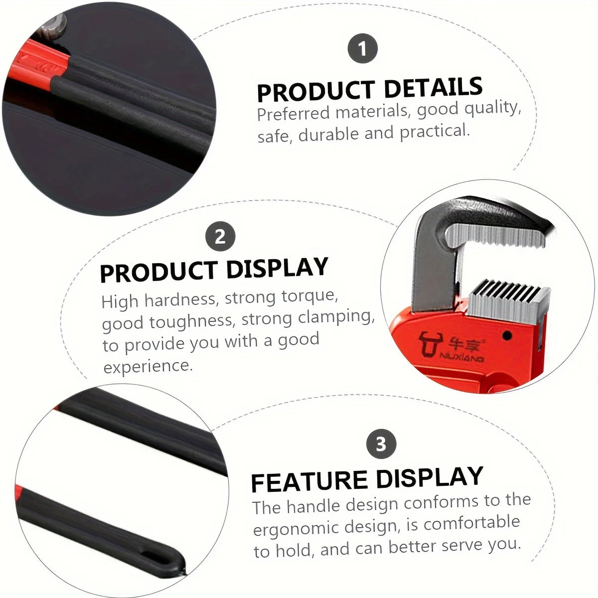 Chiave per tubi diritta per carichi pesanti da 12 pollici / 8 pollici, chiave per idraulico in alluminio regolabile con ganascia a gancio galleggiante e impugnatura con fascio I, rossa