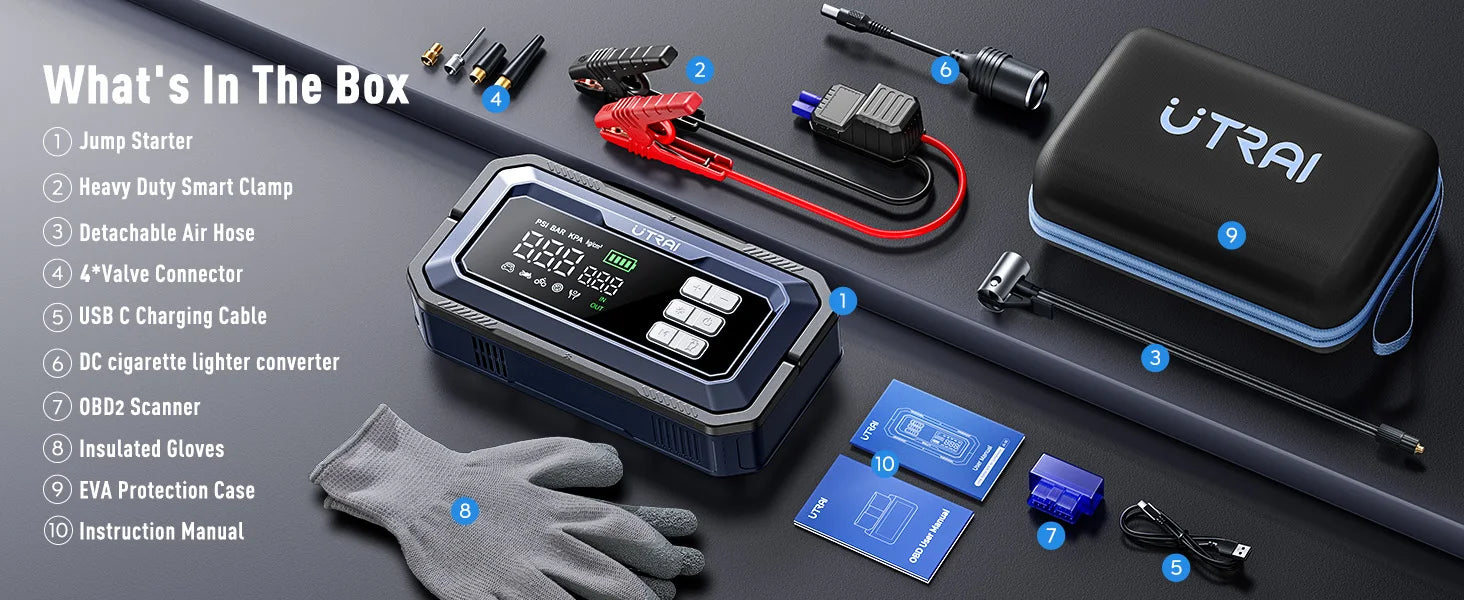 Avviatore di emergenza per auto UTRAI All-in-One 7000A con compressore d'aria, diagnosi OBD e booster di emergenza per batteria per auto Power Bank