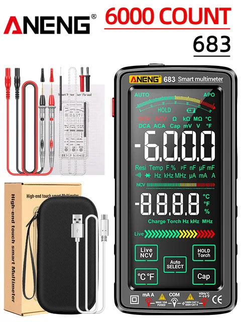 ANENG 683 6000 Conteggi Smart Touch Screen Multimetro Amperometro Ricaricabile AC/DC Tensione Corrente Tester NCV Diodo Elettricista Strumento