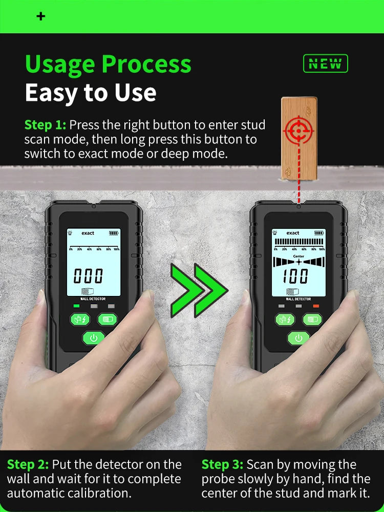 R&D Nuovo cercatore perni Scanner da parete Fili per cavi Localizzatore di profondità Metal Detector da parete Retroilluminato elettronico Cercatore di legno AC nero