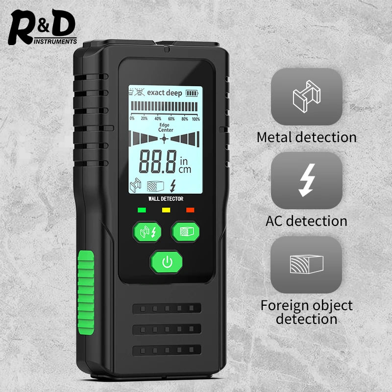 R&D Nuovo cercatore perni Scanner da parete Fili per cavi Localizzatore di profondità Metal Detector da parete Retroilluminato elettronico Cercatore di legno AC nero