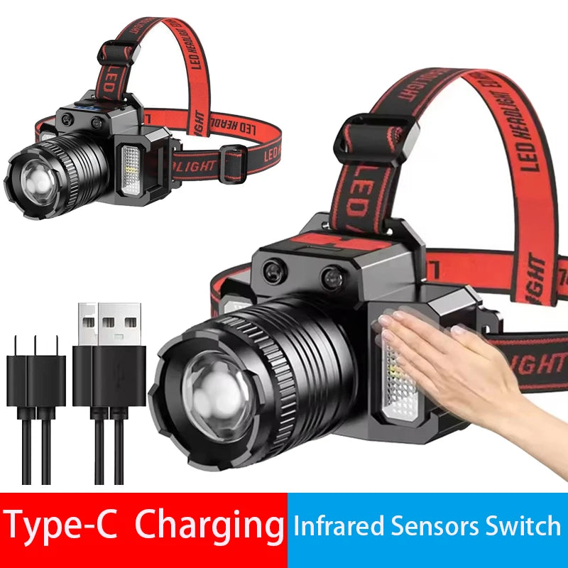 Induzione intelligente Luce bianca Faro a LED Zoom Sensore di ricarica USB Lampada frontale a LED Torcia frontale multifunzione per esterni Lampade a lanterna