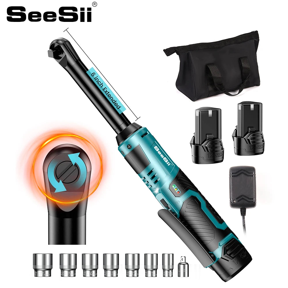SEESII 6 "Chiave a cricchetto estesa 3/8" Chiave elettrica a batteria 55Nm 12V Chiave angolare ricaricabile Strumenti di riparazione auto con/2 batterie