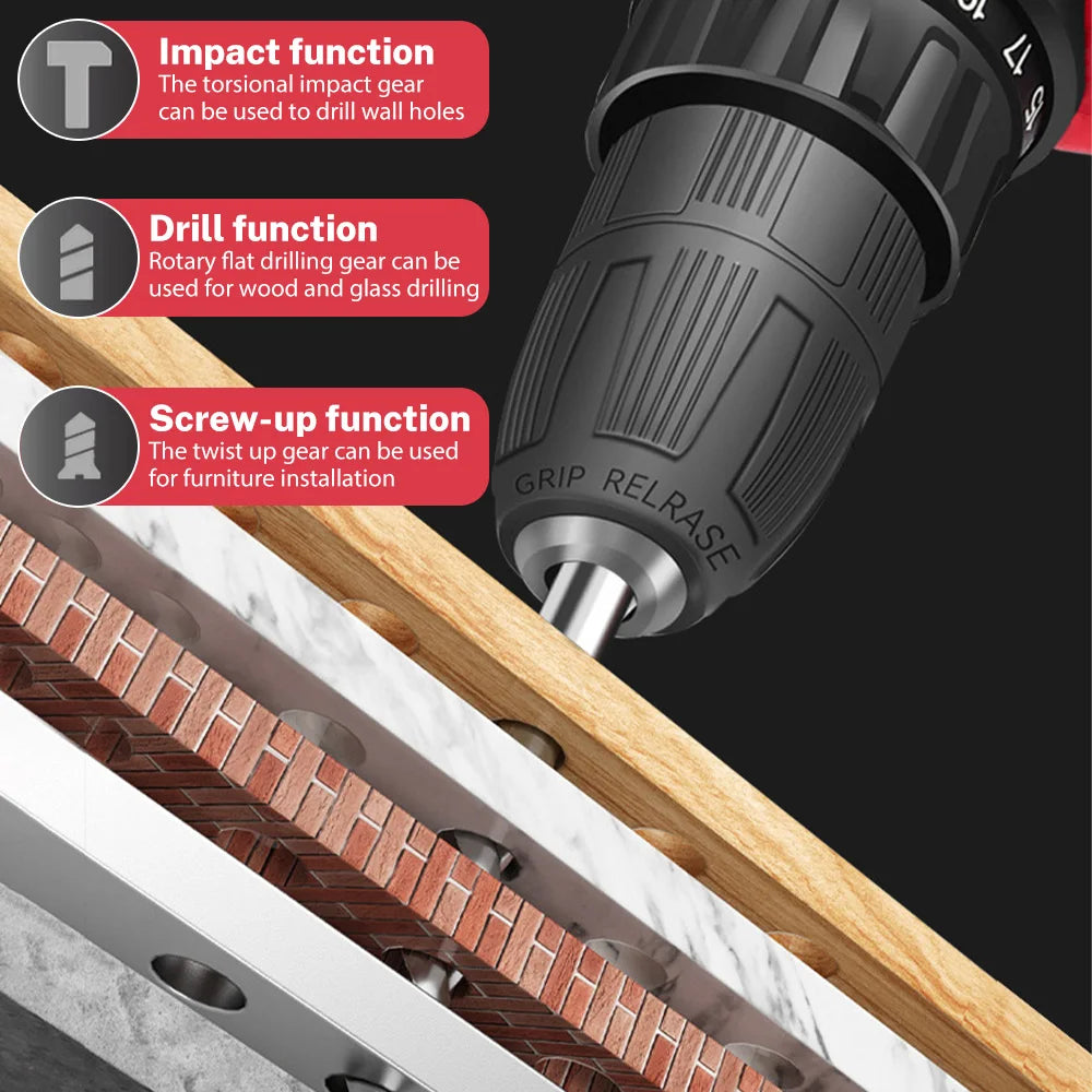 Trapano elettrico 21V 200Nm a batteria, kit trapano combinato a 2 batterie, 25+1 coppia Cacciavite elettrico con mandrino da 3/8" per legno e metallo