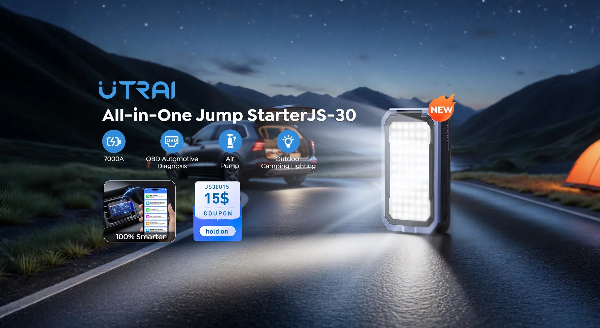 Avviatore di emergenza per auto UTRAI All-in-One 7000A con compressore d'aria, diagnosi OBD e booster di emergenza per batteria per auto Power Bank