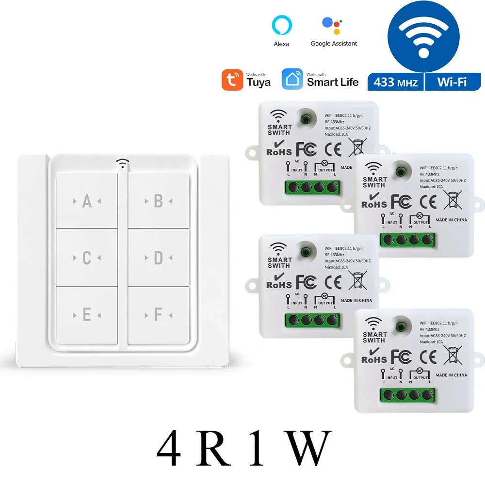 Tuya WiFi RF Smart Light Switch 433 MHz 6 Gang Interruttore da pannello a parete wireless, ricevitore temporizzato 110 V 220 V Funziona con Goole Home/Alexa