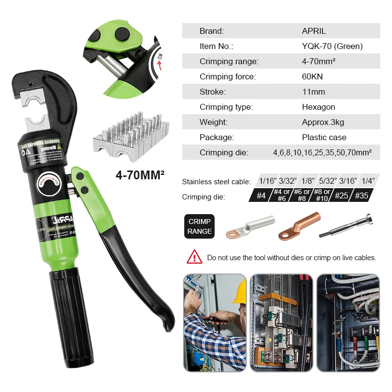 RUS Warehouse Strumento di crimpatura idraulico Pinze per crimpare terminali per cavi fai-da-te Strumenti di compressione idraulica Gamma YQK-70 4-70mm2