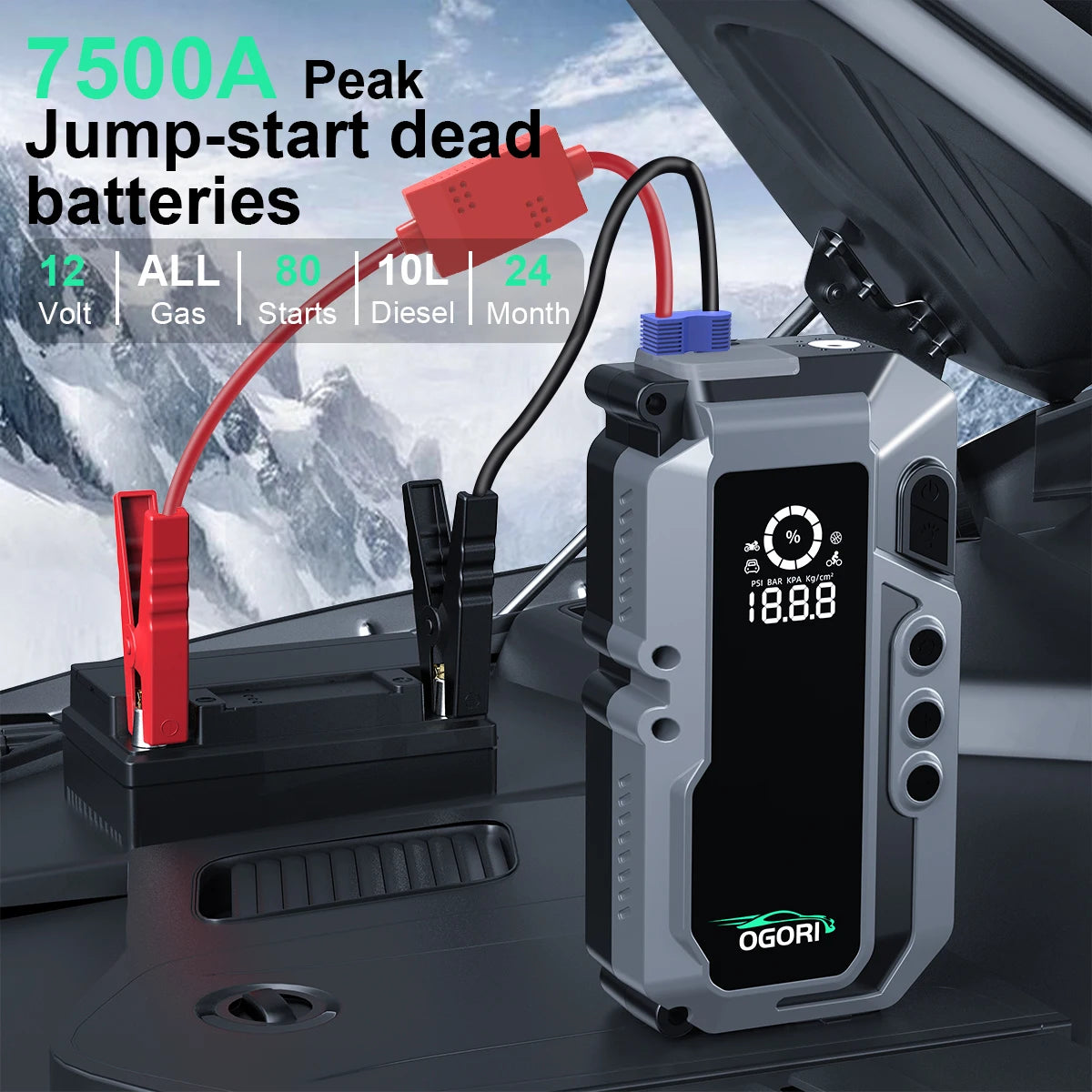 Avviatore di emergenza per auto 4 in 1 7500A con compressore d'aria Pack Booster 12V Power Bank QC 3.0 con torcia Avvia fino a tutti i gas