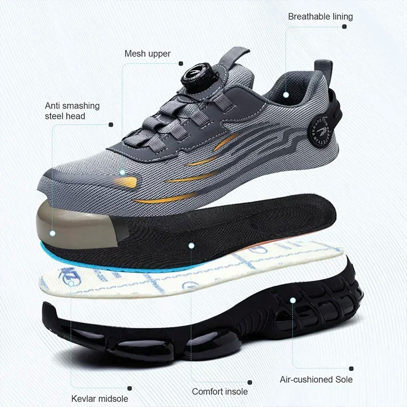 Pulsante rotante Nuove scarpe antinfortunistiche da uomo Scarpe da lavoro anti-smash anti-puntura Scarpe sportive da uomo di moda Stivali protettivi di sicurezza da uomo