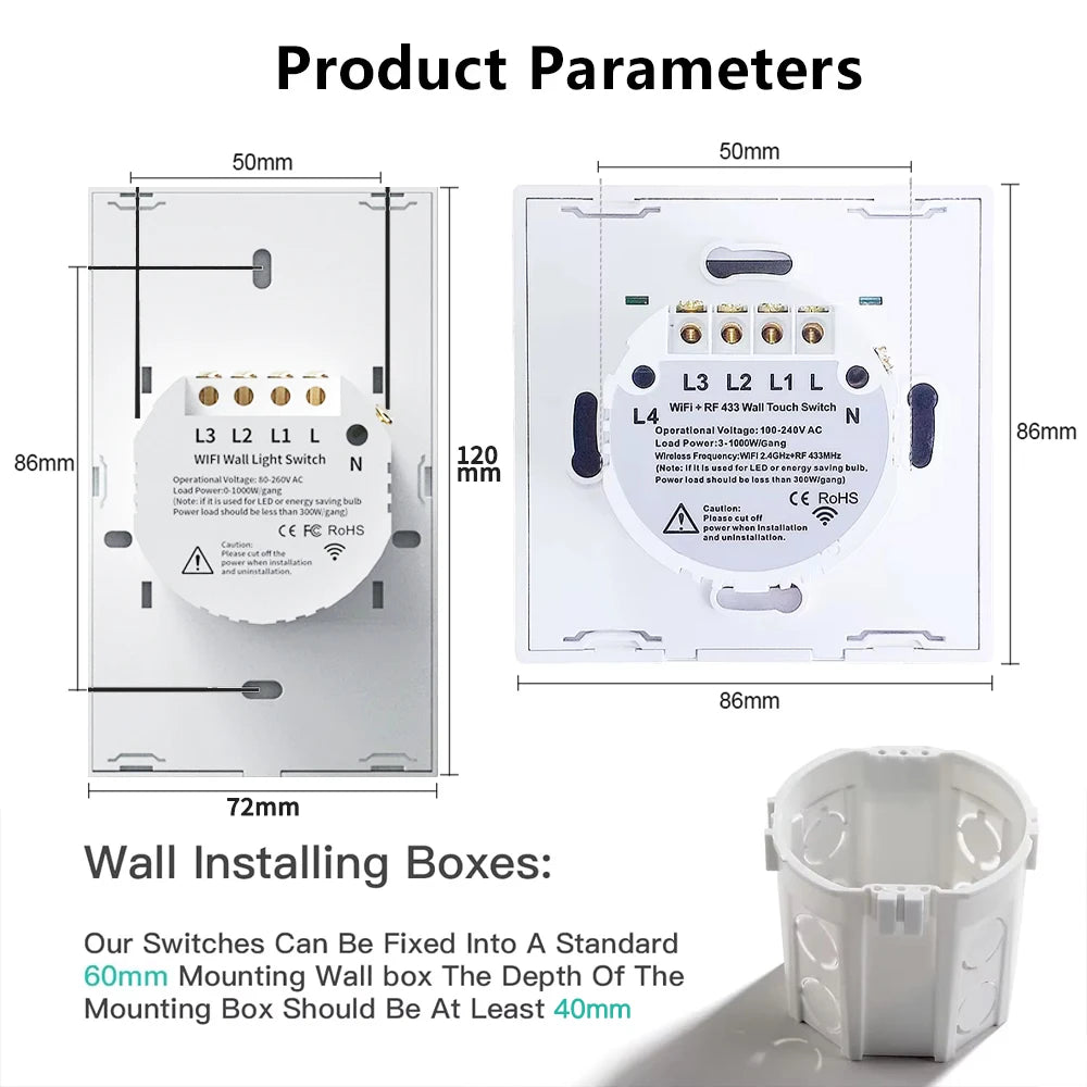 TNCE Tuya Switch WIFI RF US/EU, 1/2/3/4 Gang No/Con cavo neutro Controller luce LED da parete, Vita intelligente, Voce Alexa Google Home