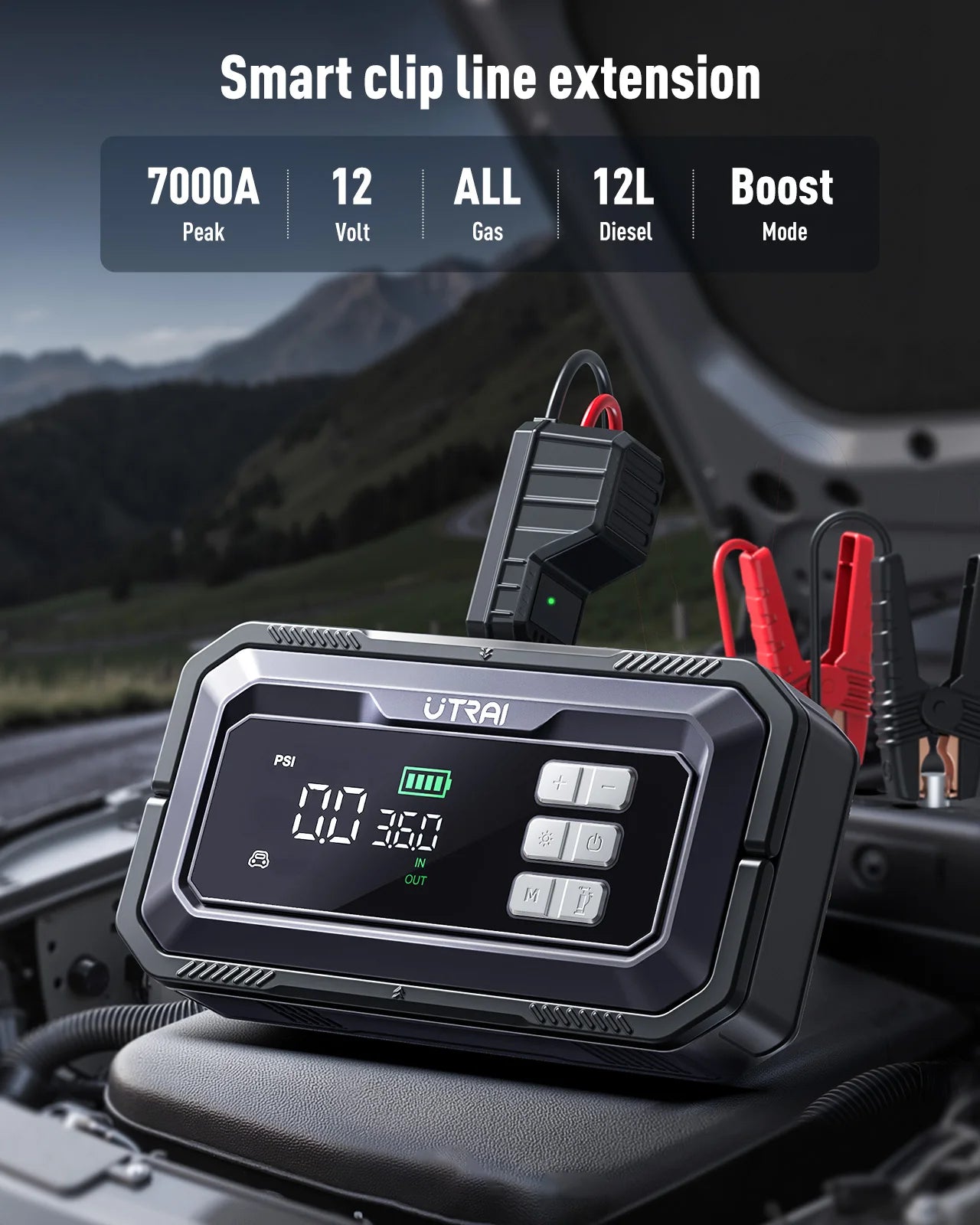 Avviatore di emergenza per auto UTRAI All-in-One 7000A con compressore d'aria, diagnosi OBD e booster di emergenza per batteria per auto Power Bank