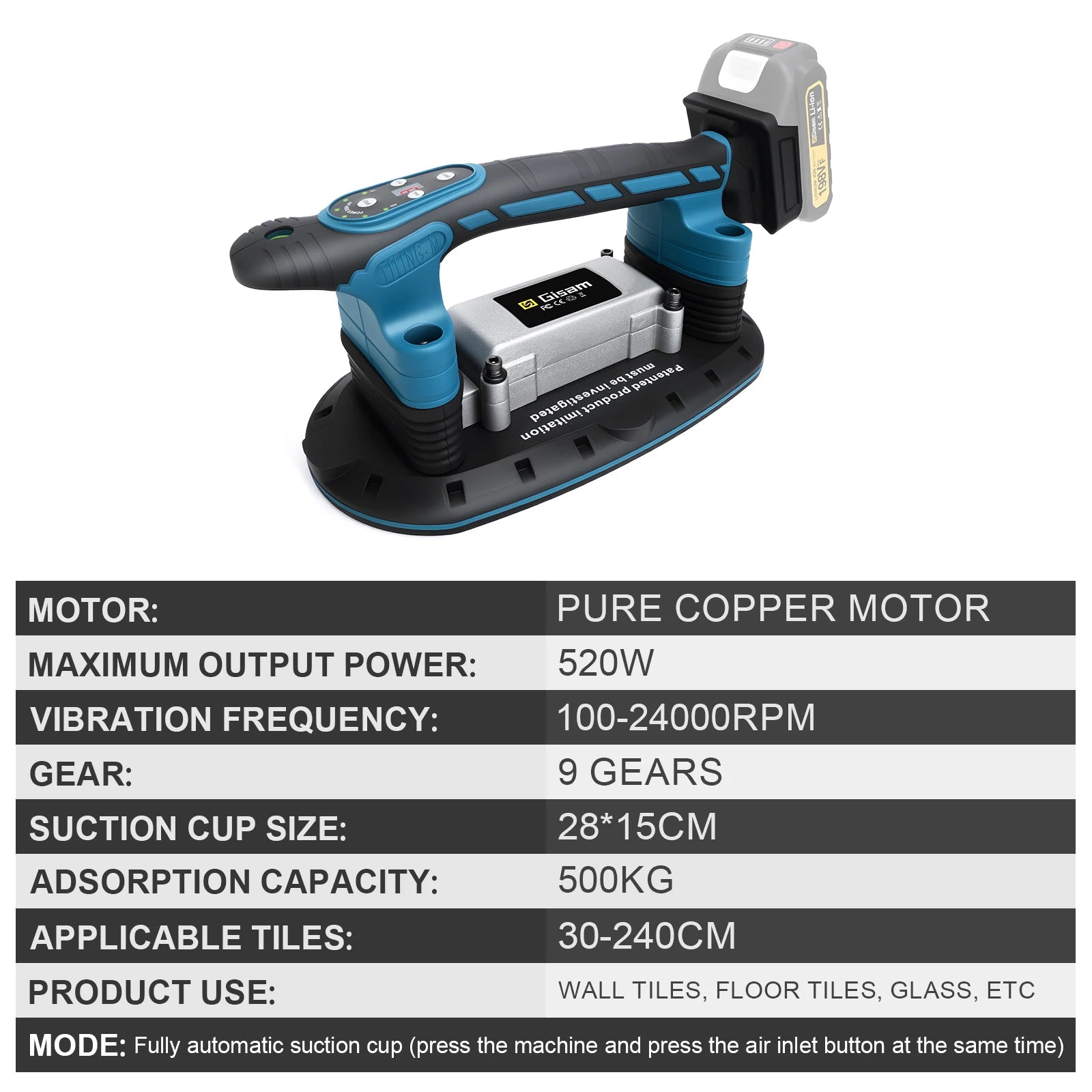 Gisha 500KG Piastrelle Piastrelle Macchina Piastrelle Vibratore Ventosa 9 Gear Pavimento Vibratore Livellamento Strumento di Potere Per makita 18v batteria pin