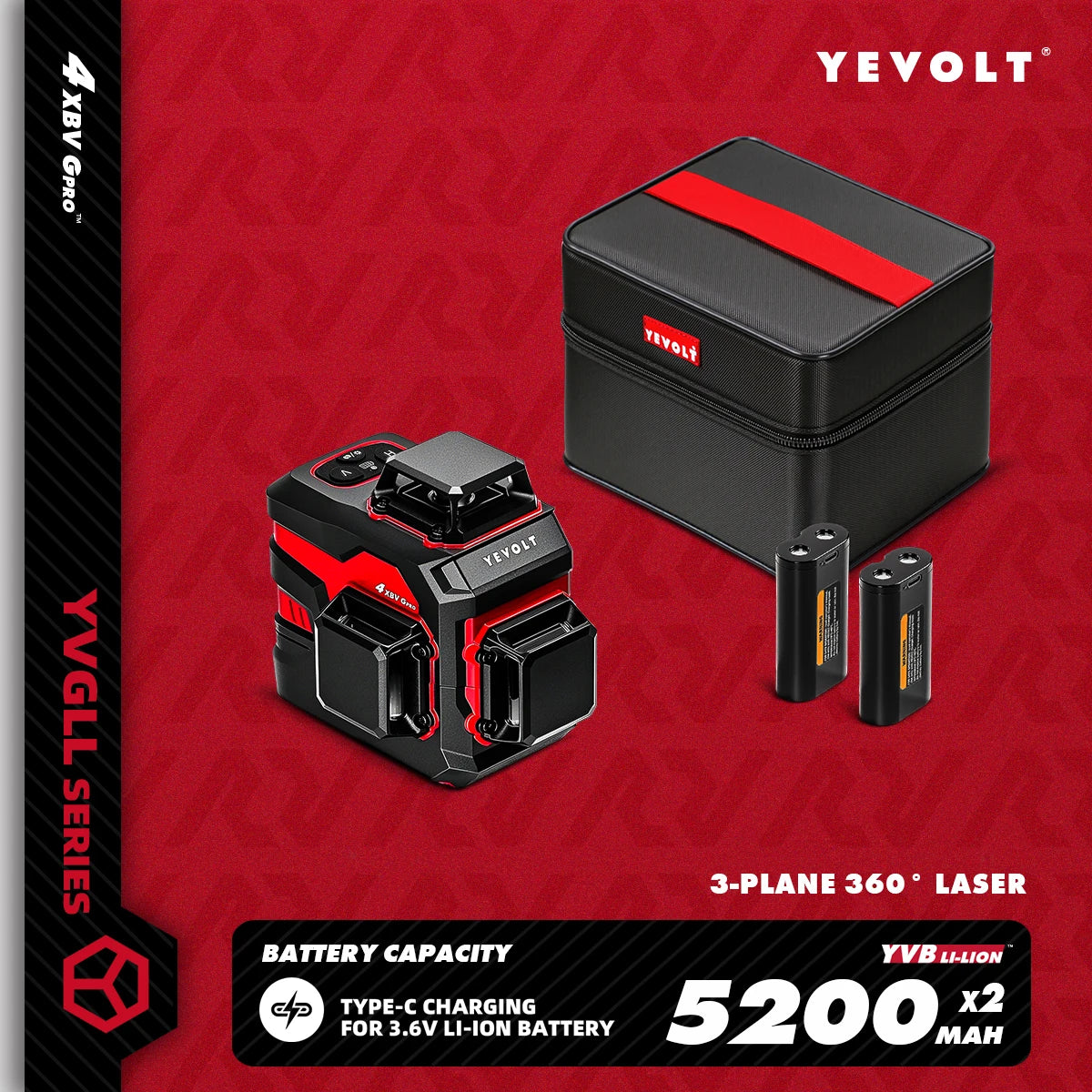 YEVOLT YVGLL4XS12 Livello laser Raggio verde a 12 linee Precisione ±0,2 mm/m, resistenza alla polvere/acqua IP54, livellamento automatico e modalità pendenza