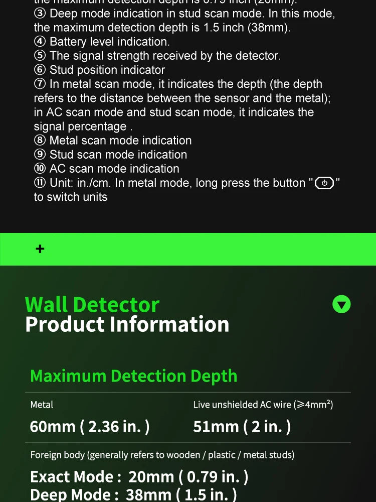 R&D Nuovo cercatore perni Scanner da parete Fili per cavi Localizzatore di profondità Metal Detector da parete Retroilluminato elettronico Cercatore di legno AC nero