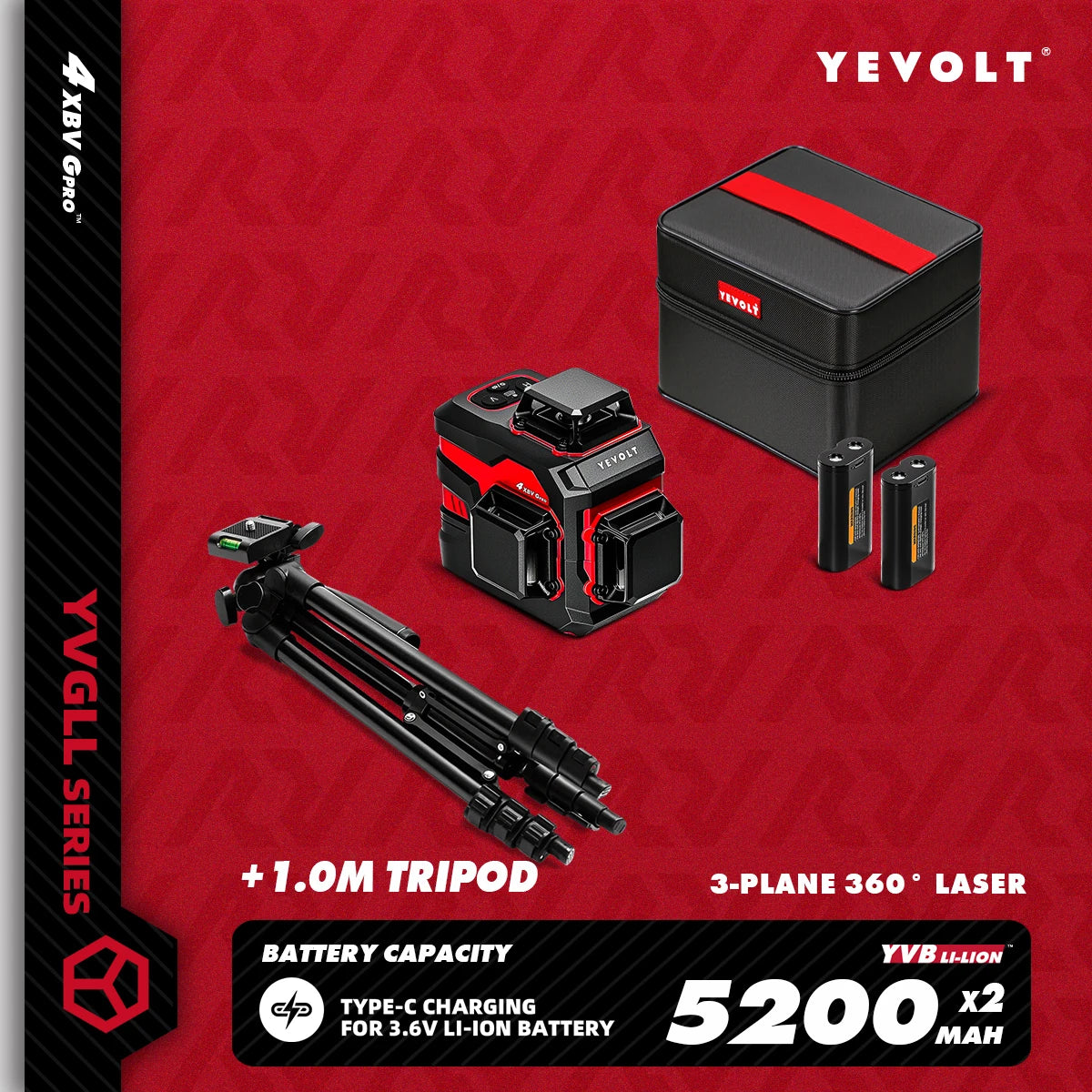 YEVOLT YVGLL4XS12 Livello laser Raggio verde a 12 linee Precisione ±0,2 mm/m, resistenza alla polvere/acqua IP54, livellamento automatico e modalità pendenza