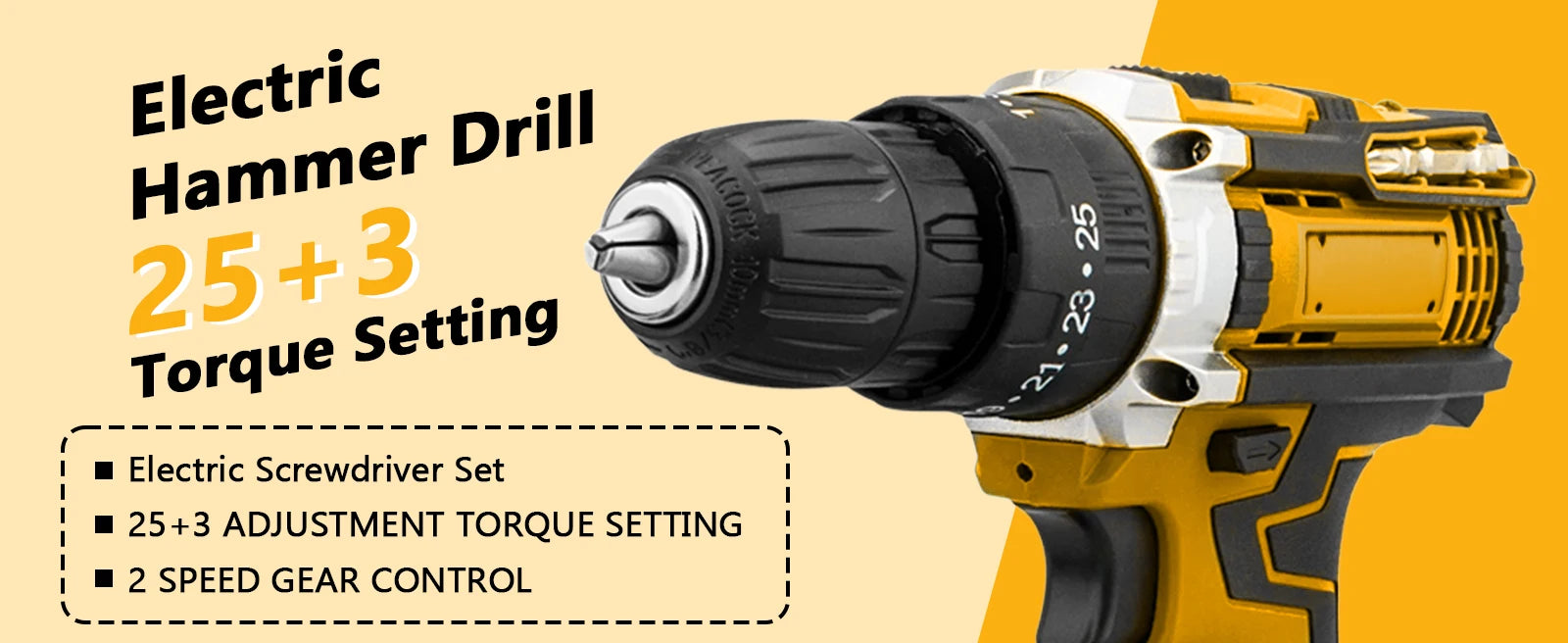 Cacciavite a percussione elettrico con coppia 25 + 3 Impostazione multifunzionale Cacciavite elettrico con trapano a batteria a 2 velocità con 2 batterie