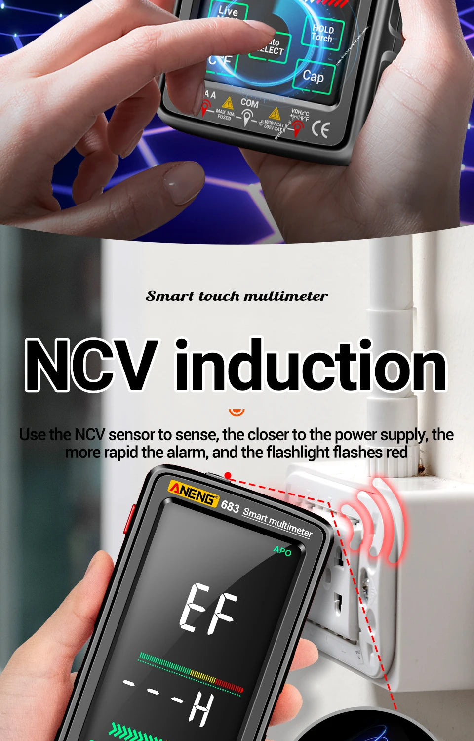 ANENG 683 6000 Conteggi Smart Touch Screen Multimetro Amperometro Ricaricabile AC/DC Tensione Corrente Tester NCV Diodo Elettricista Strumento