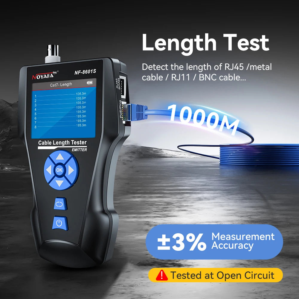 NOYAFA NF-8601S Tester per cavi di rete Localizzatore di cavi anti-interferenza PING Tester RJ45 RJ11 Misuratore di lunghezza Tester Strumenti di rete