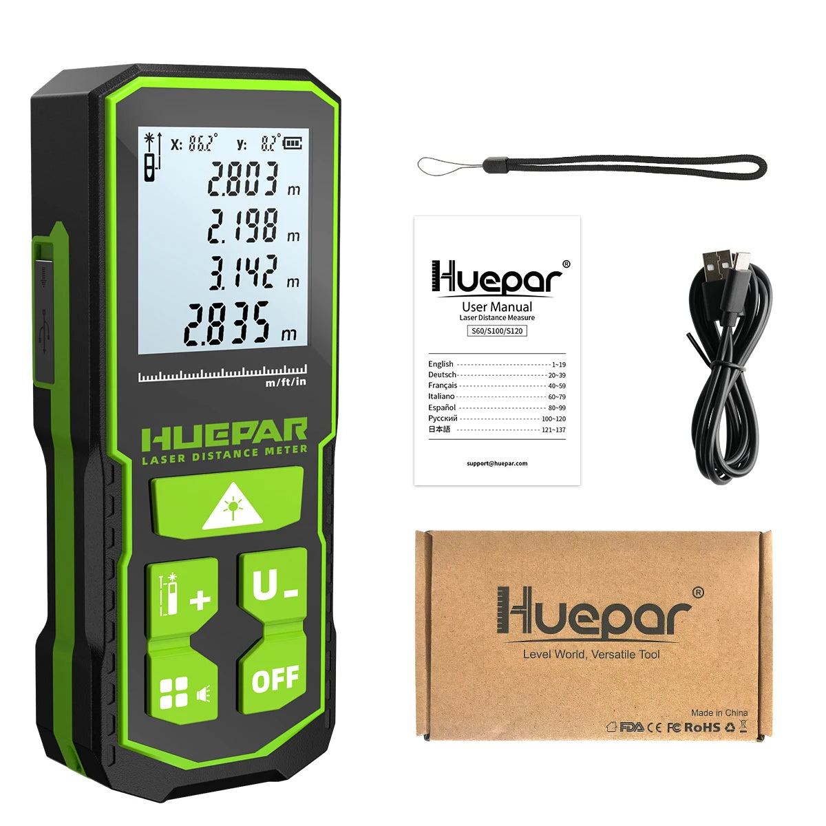 Huepar S60-G Misuratore di distanza laser verde digitale Telemetro a nastro laser da 60 M con strumenti di misurazione del sensore angolare LCD