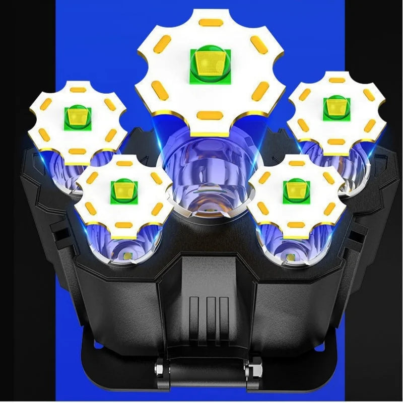 Faro a 5 LED ad alta potenza Batteria incorporata Torcia ricaricabile USB ultra luminosa montata sulla testa per illuminazione da campeggio esterna
