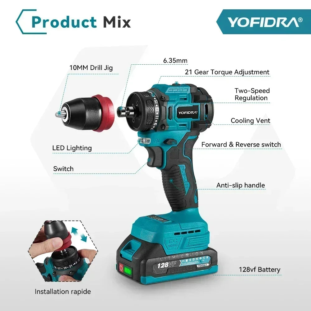YOFIDRA 2 in1 Cacciavite elettrico senza spazzole Martello Trapano a batteria Impatto Utensile elettrico multifunzionale per Makita 18V Batteria Pin