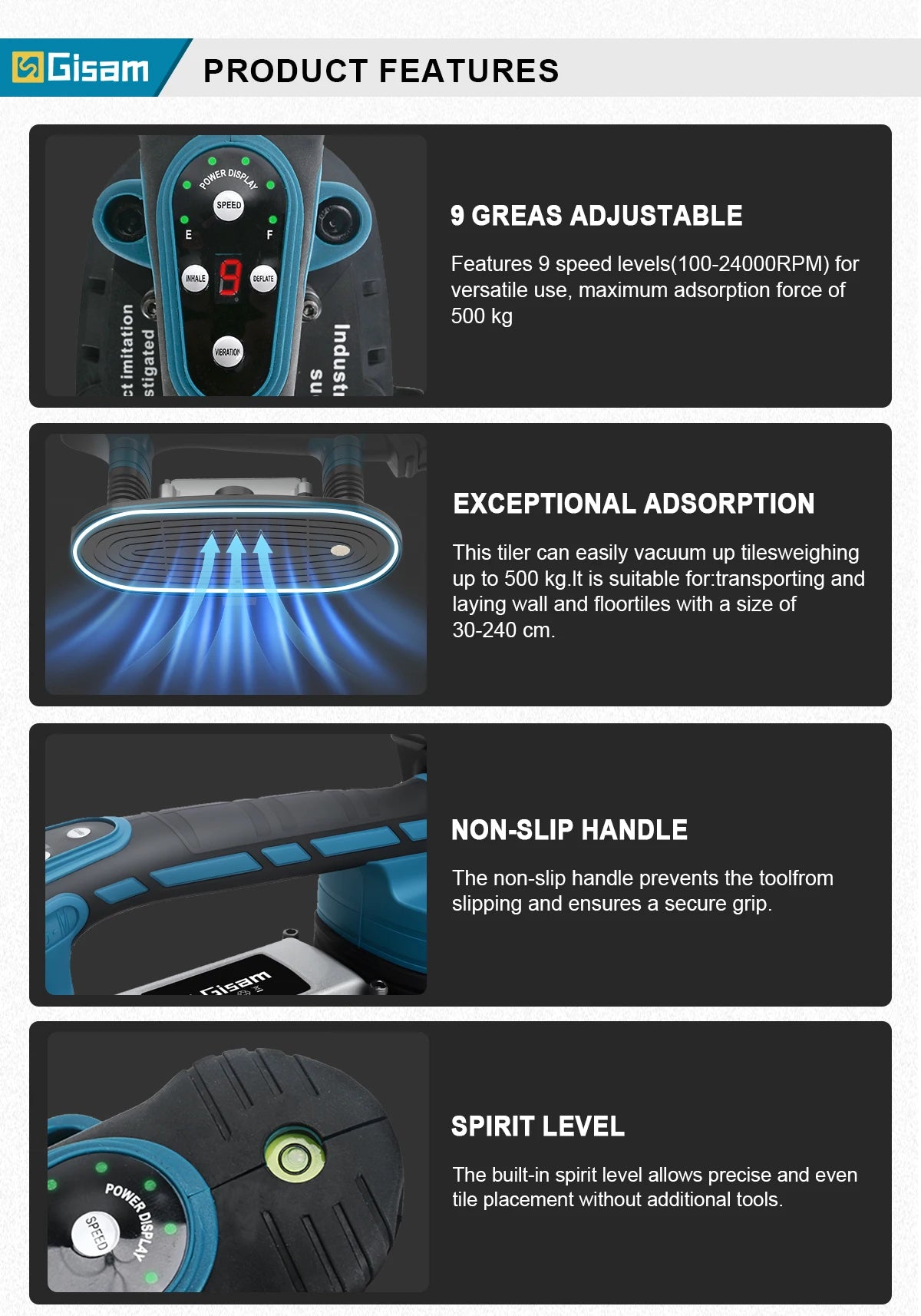 Gisha 500KG Piastrelle Piastrelle Macchina Piastrelle Vibratore Ventosa 9 Gear Pavimento Vibratore Livellamento Strumento di Potere Per makita 18v batteria pin