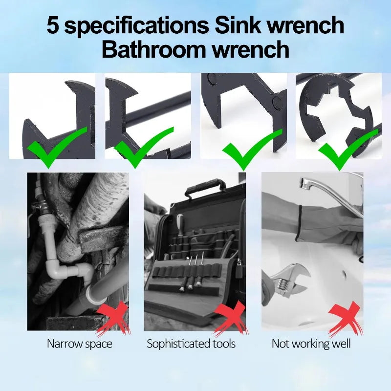 Chiave per lavello 5 in 1 Chiave per rubinetto multifunzionale in acciaio al carbonio Chiave per tubi idraulici Set di riparazione per lavello da cucina per bagno Strumenti hardware
