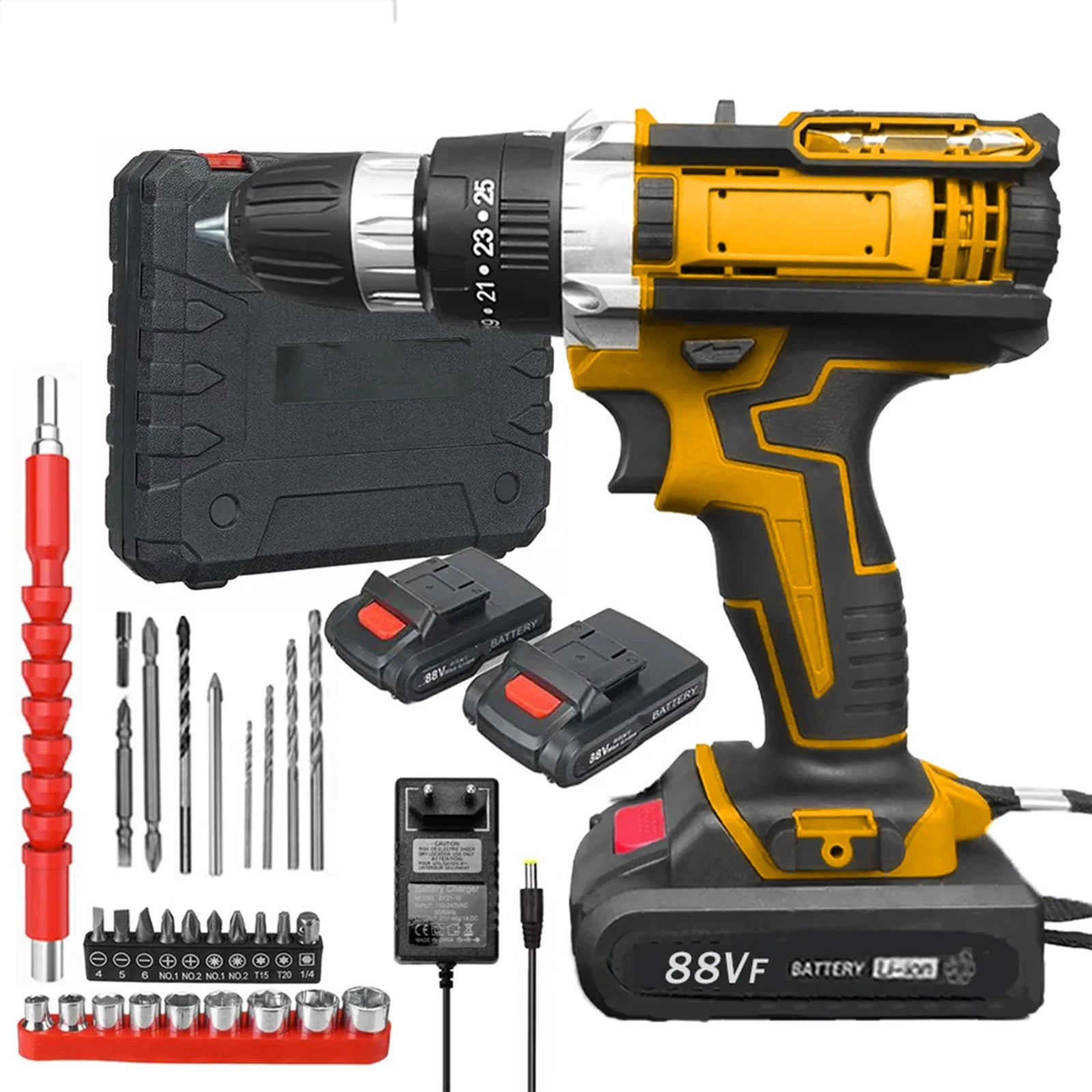 Cacciavite a percussione elettrico con coppia 25 + 3 Impostazione multifunzionale Cacciavite elettrico con trapano a batteria a 2 velocità con 2 batterie