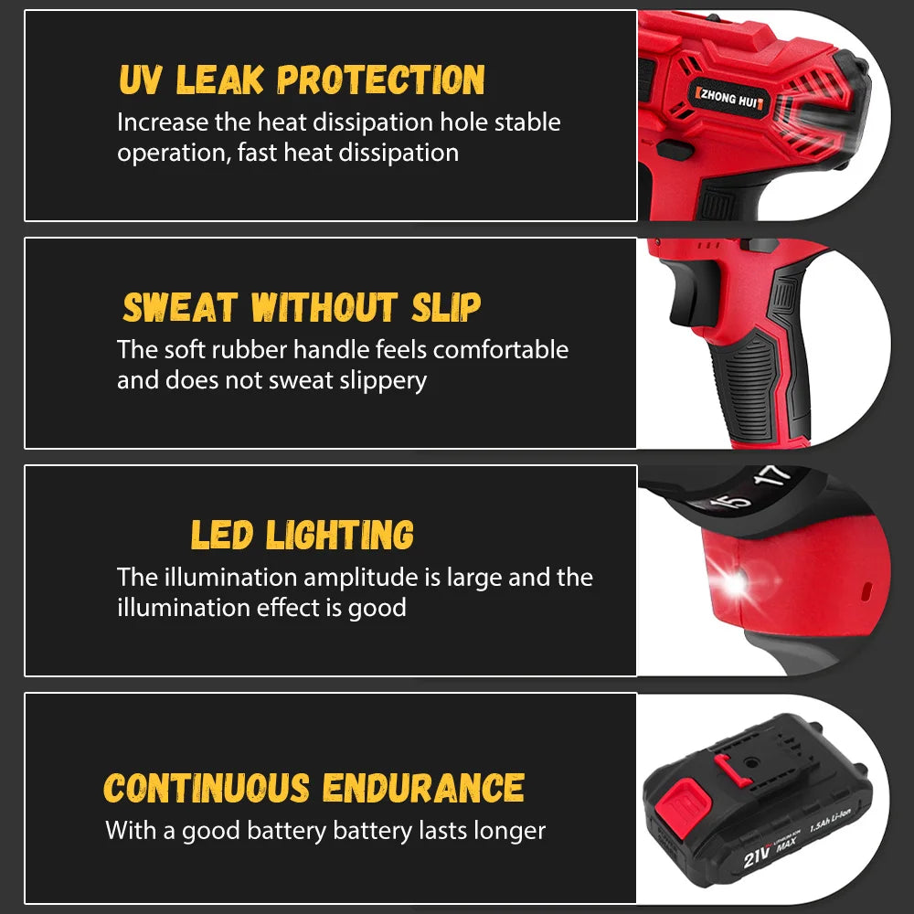 Trapano elettrico 21V 200Nm a batteria, kit trapano combinato a 2 batterie, 25+1 coppia Cacciavite elettrico con mandrino da 3/8" per legno e metallo