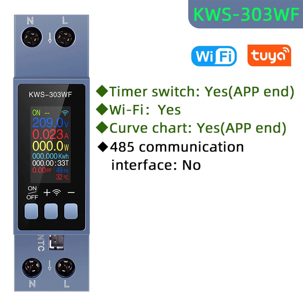 KWS-303 Tuya WiFi Misuratore di potenza APP Controllo 8 in1 Contatore di energia 85-290V/40A Misuratore di tensione e corrente Misuratore di elettricità Vita intelligente