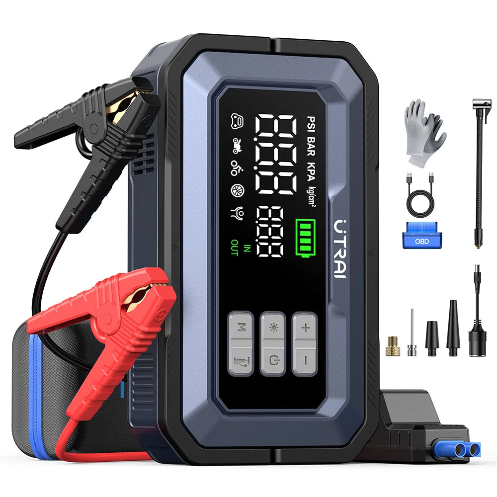 Avviatore di emergenza per auto UTRAI All-in-One 7000A con compressore d'aria, diagnosi OBD e booster di emergenza per batteria per auto Power Bank