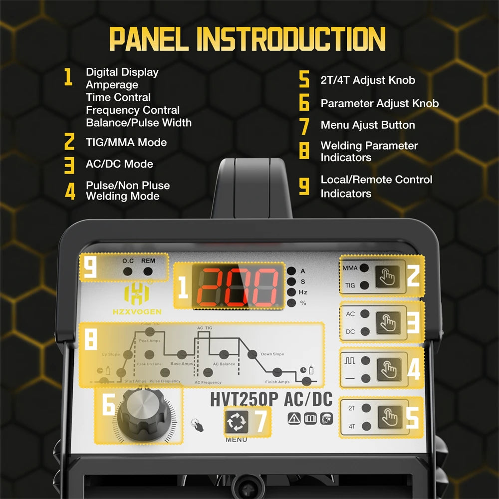 HZXVOGEN 200A 6 in 1 Saldatrice Multifunzione AC/DC HF TIG MMA ARC Argon Preciso Impulso Digitale Saldatore di Alluminio 2T/4T 220V