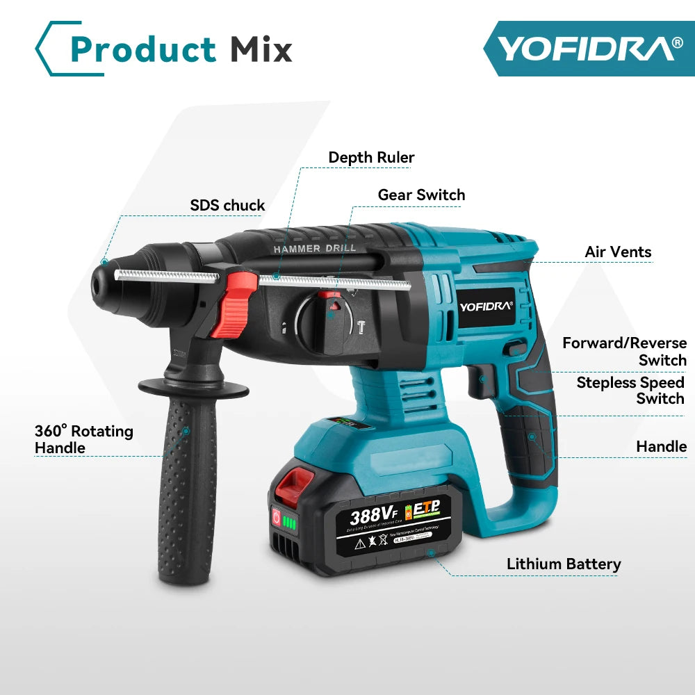 YOFIDRA 26mm Martello rotante elettrico senza spazzole Cordless Multifunzionale Trapano a percussione Utensili elettrici per Makita Batteria Pin