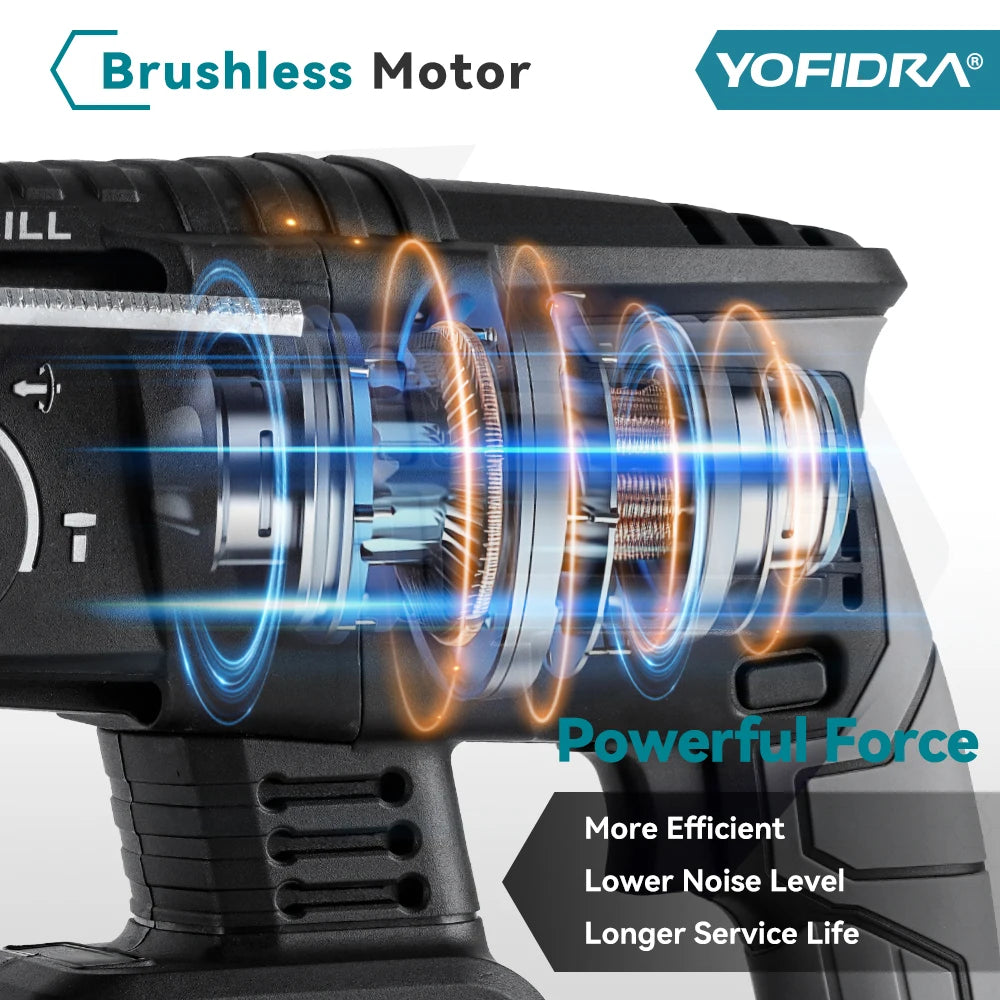 YOFIDRA 1680W Martello elettrico senza spazzole Cordless Multi-funzione Trapano a percussione Utensile rotante per batteria 21V 18V