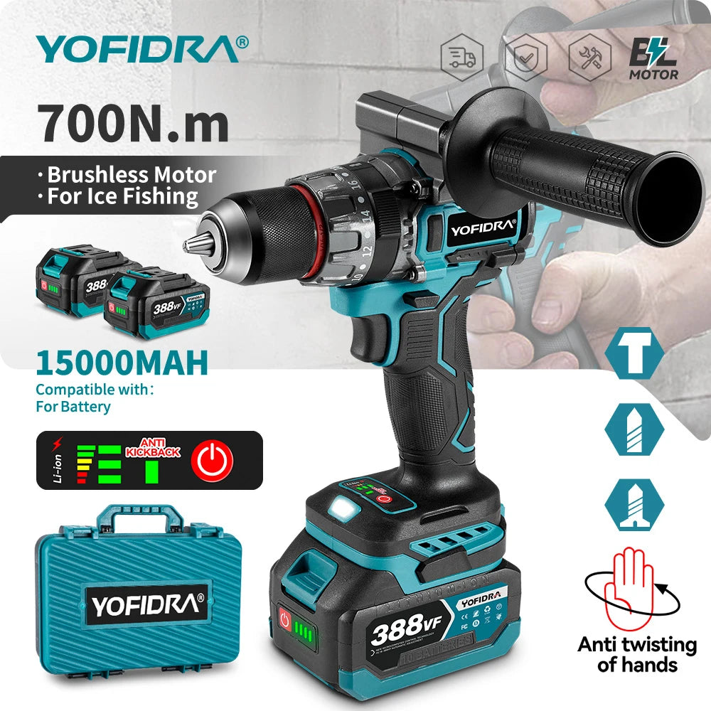 YOFIDRA 700N.M Brushless Trapano a percussione elettrico Cordless Cacciavite Piastre Terreno Lavorazione del legno Strumento elettrico per Makita Batteria Spille